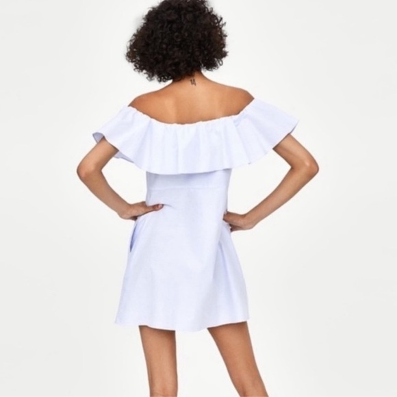 ZARA Off Shoulder Ruffled Button Down Mini Dress - Picture 3 of 5